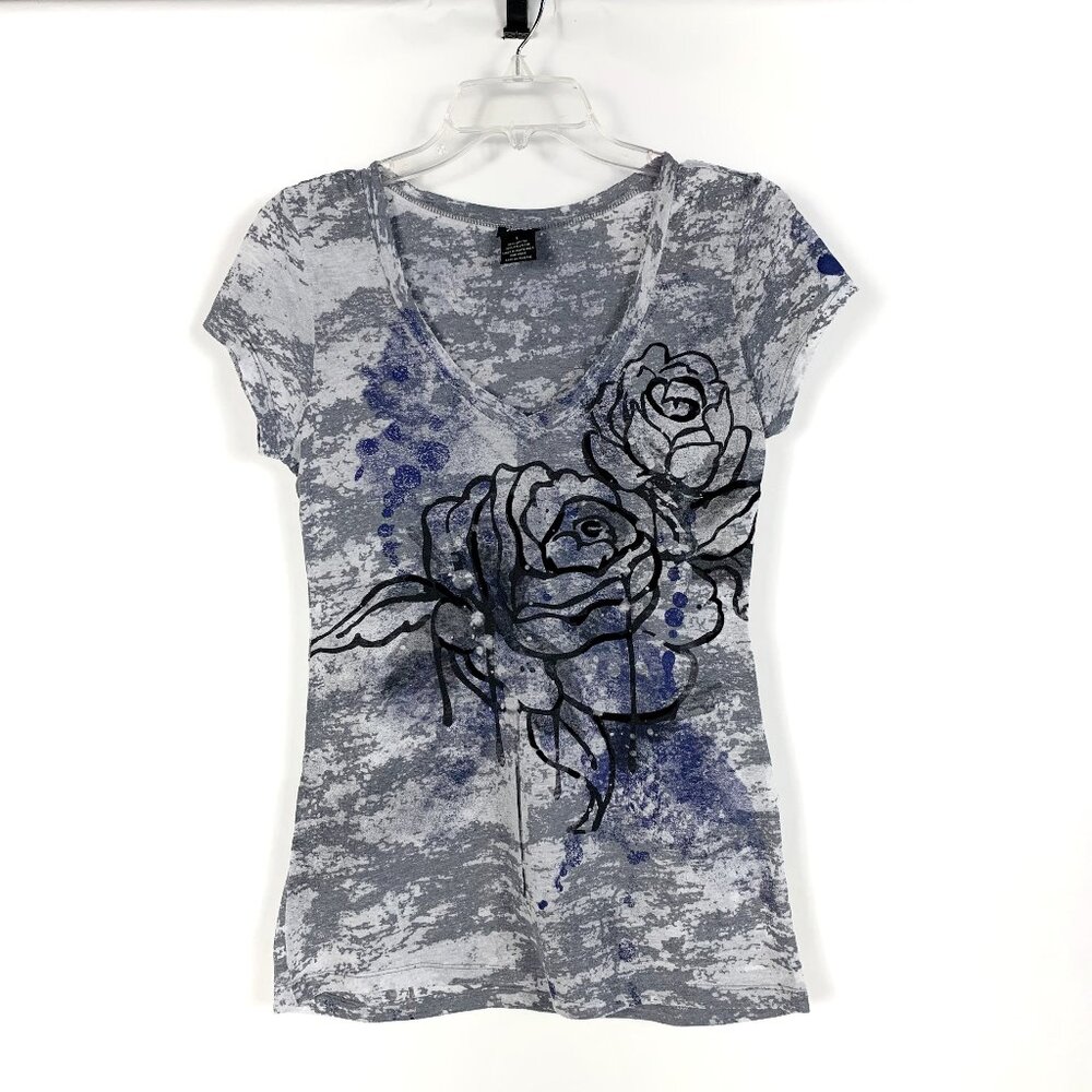 Vanity Gray Blue Black V Neck Top - L